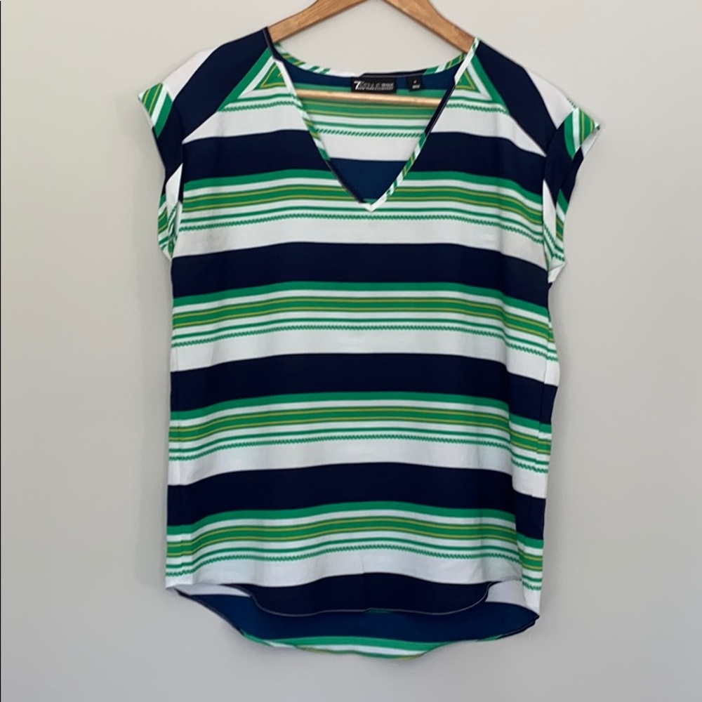 New York & Company Size Small Navy & Green Striped Shirt Sleeve Shirt